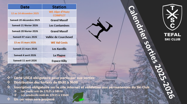 Calendrier des sorties 2025-2026